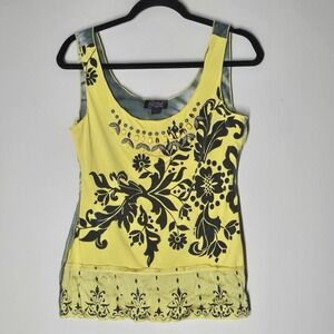 Y2K Hale Bob Embellished Floral Yellow Tank Top Silk Blend Jeweled Burnout  Sz S
